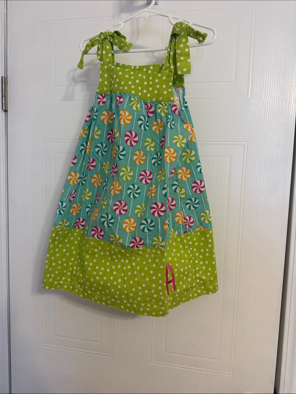 Green Polka Dot & Candy Print Girls' Tie-Shoulder Sundress with A monogram
